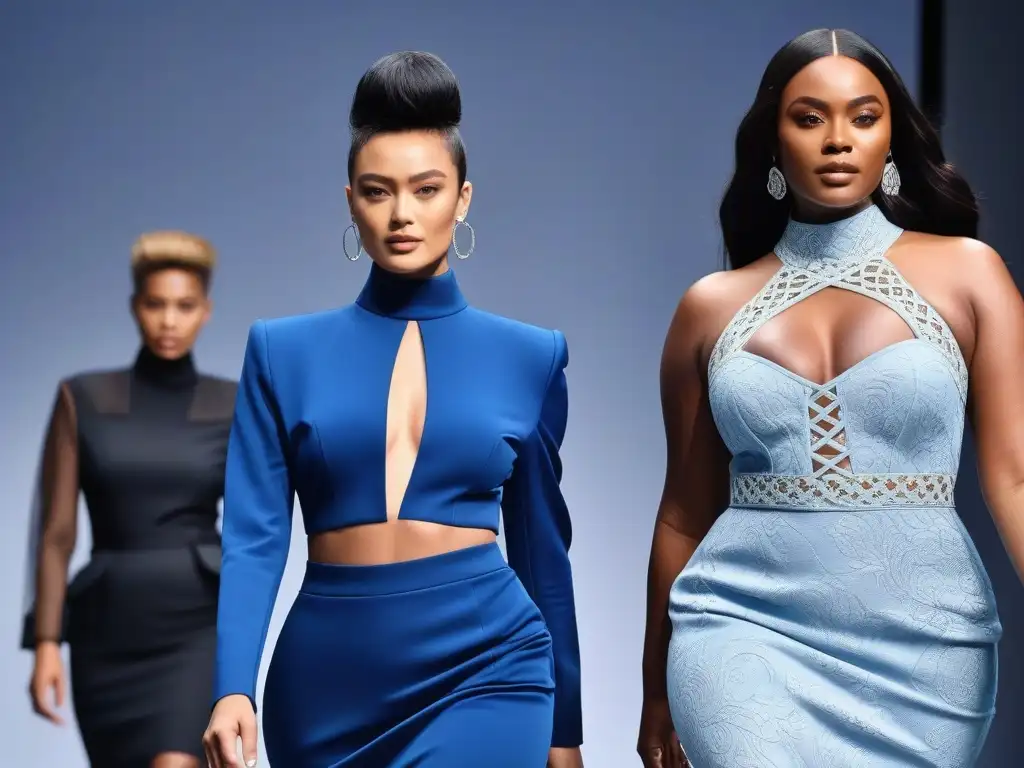 Desfile inclusivo: moda moderna para todos los cuerpos y edades Una pasarela futurista con moda inclusiva para tallas especiales, diseñada con inteligencia artificial