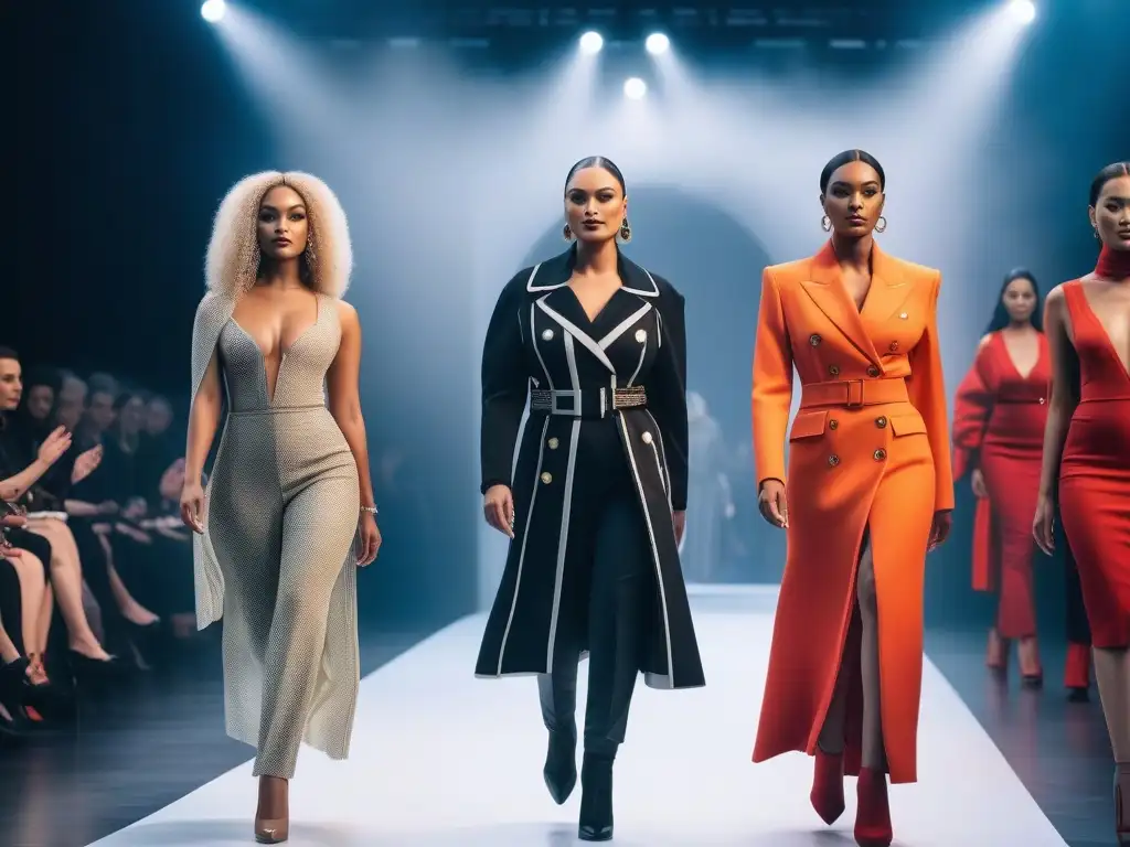 Desfile inclusivo: moda futurista y diversidad en la pasarela Una pasarela futurista con moda inclusiva y diversa, representando la revolución y cambio en el panorama de la moda