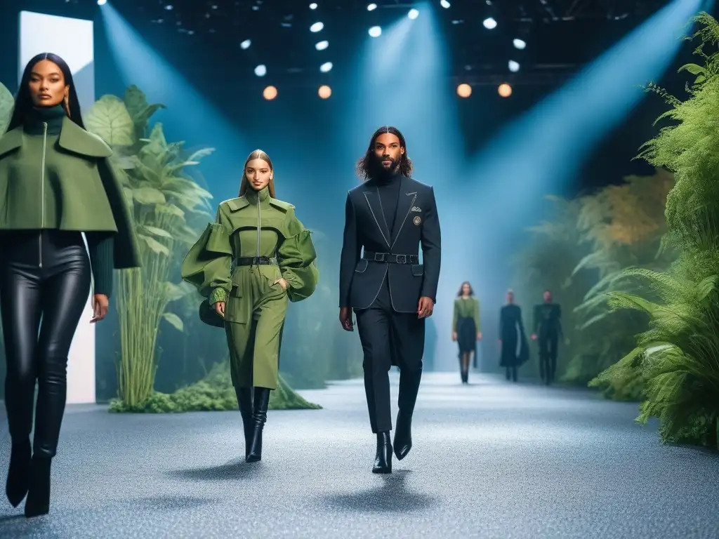 Desfile eco-friendly: moda innovadora en pasarela futurista Una pasarela futurista de moda ecoconsciente con modelos desfilando innovadores diseños sostenibles entre elementos naturales