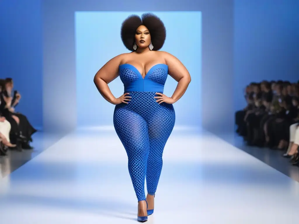 Desfile futurista de moda plus size: fusión tecnológica y empoderamiento Una pasarela futurista con moda plus size y prendas de impresión 3D, fusionando tecnología y estilo vanguardista