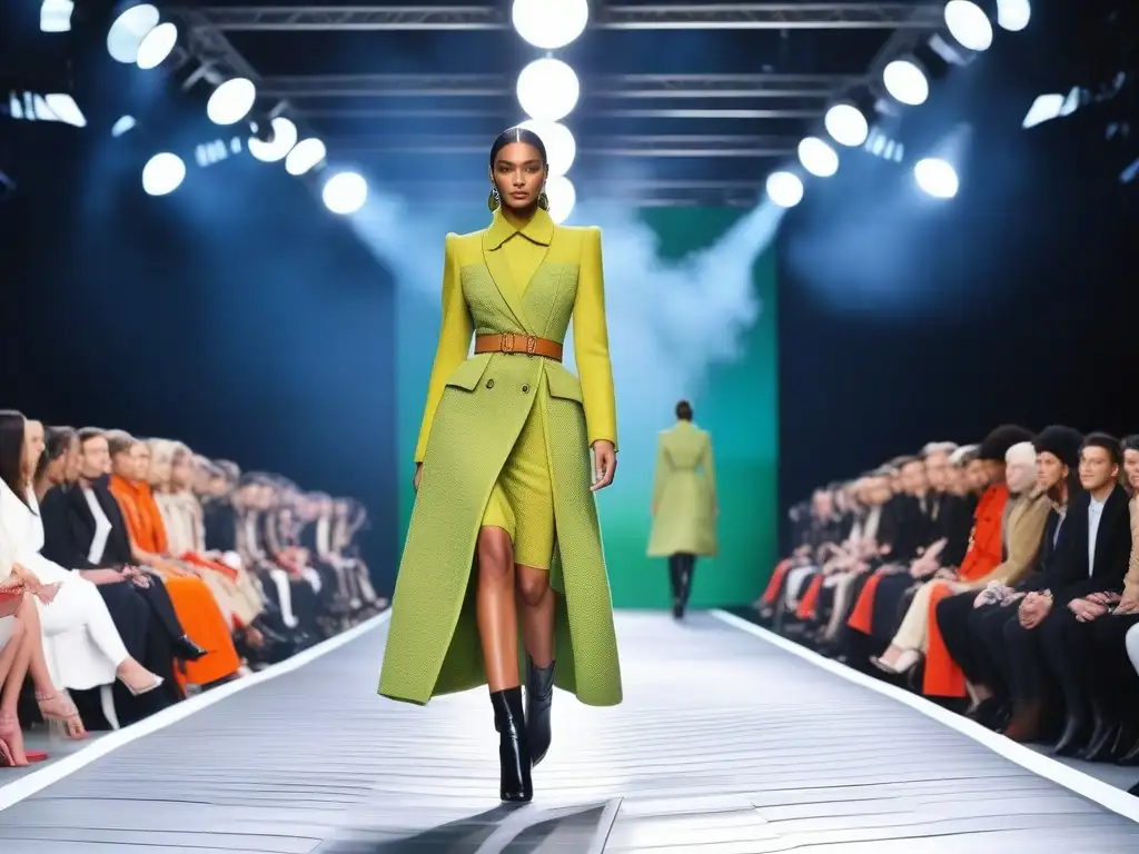 Desfile ecofuturista: moda sostenible en pasarela Pasarela futurista de moda sostenible con tejidos innovadores y diseño eco, fusionando armonía urbana y natural