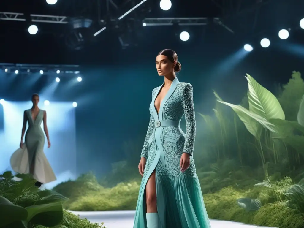 Pasarela de moda sostenible: diseño regenerativo ecofriendly Una pasarela futurista de moda sostenible hecha con materiales regenerados, donde modelos desfilan con diseños innovadores