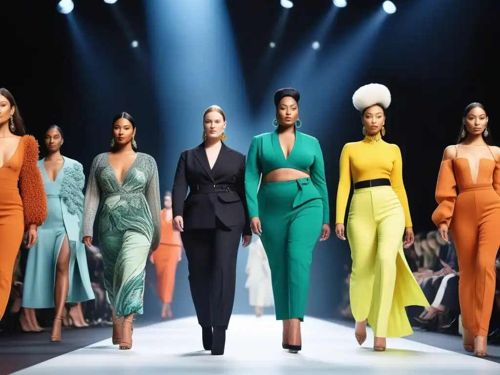 Desfile inclusivo de moda sostenible: diversidad, estilo y empoderamiento Una pasarela futurista con moda sostenible para todos los cuerpos, exudando inclusividad y empoderamiento