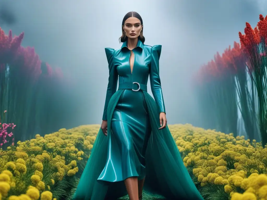 Desfile de moda ecofuturista: Belleza sostenible en la pasarela Una pasarela futurista de moda sostenible con prendas de plástico reciclado, modelos y naturaleza