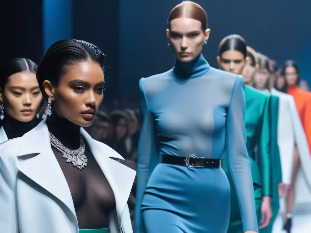 Desfile Futurista: Moda de Género Neutral Una pasarela futurista con modelos desfilando accesorios de alta gama inclusivos, rompiendo barreras en la moda