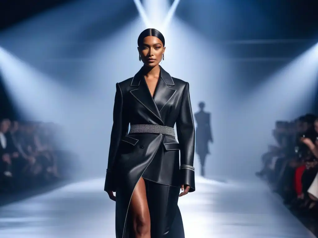 Moda gender-neutral: Desfile futurista de modelos no binarios Una pasarela futurista con modelos no binarios desfilando moda vanguardista