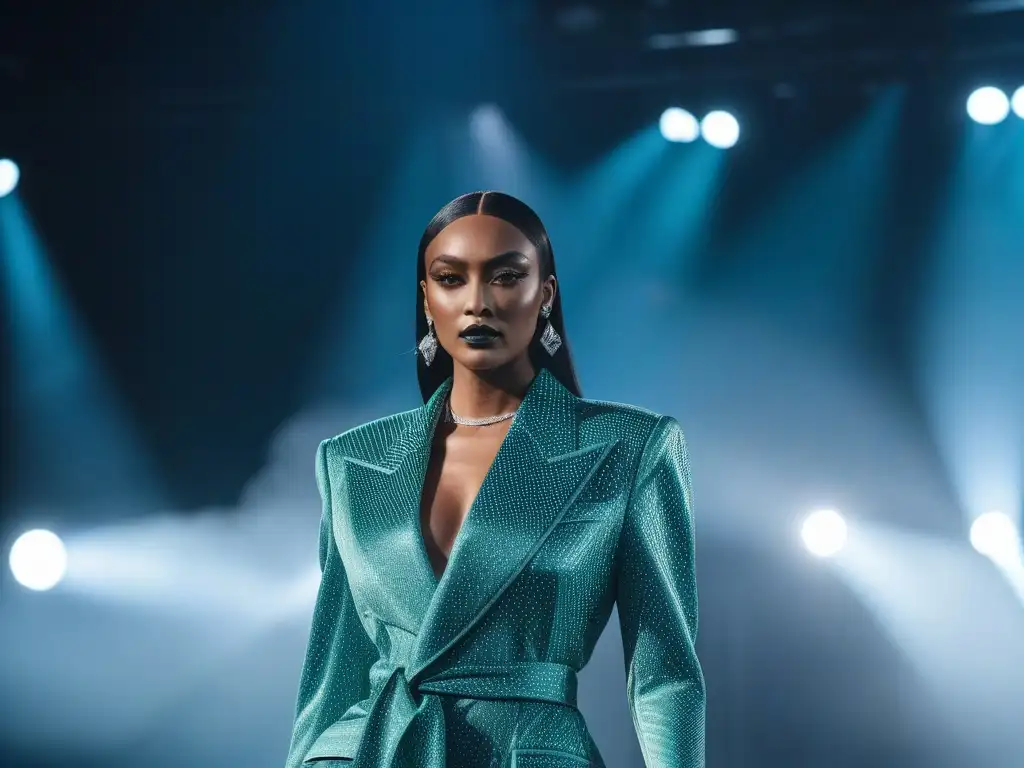 Desfile inclusivo y sostenible: moda futurista celebrando diversidad Una pasarela futurista con modelos de la comunidad trans y no binaria luciendo moda sostenible inclusiva diversidad cuerpos