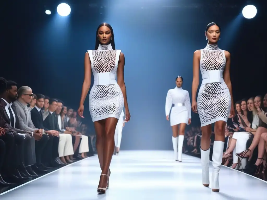 Desfile futurista de moda 3D: diversidad e inclusividad Una pasarela futurista donde modelos lucen creaciones de moda impresión 3D inclusiva