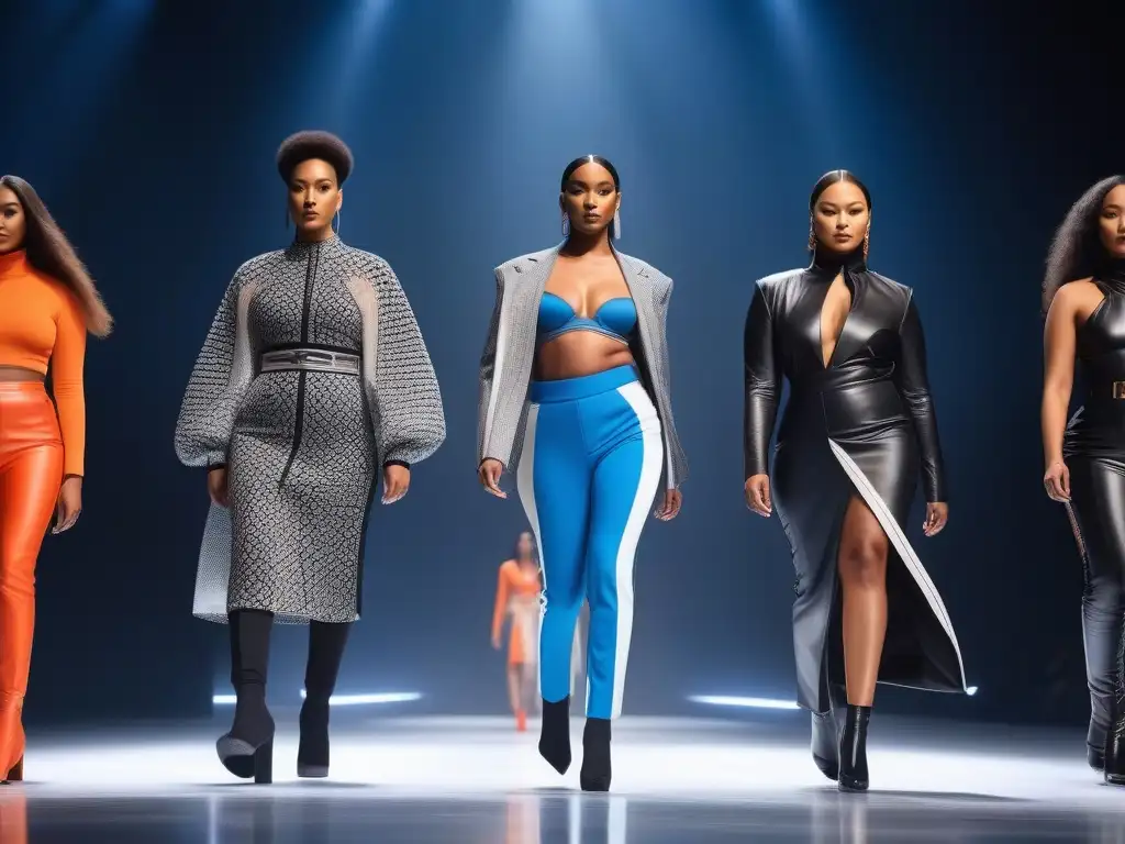 Desfile inclusivo: moda futurista para todos Una pasarela futurista con modelos de diversos cuerpos y estilos luciendo moda inclusiva para todos cuerpos
