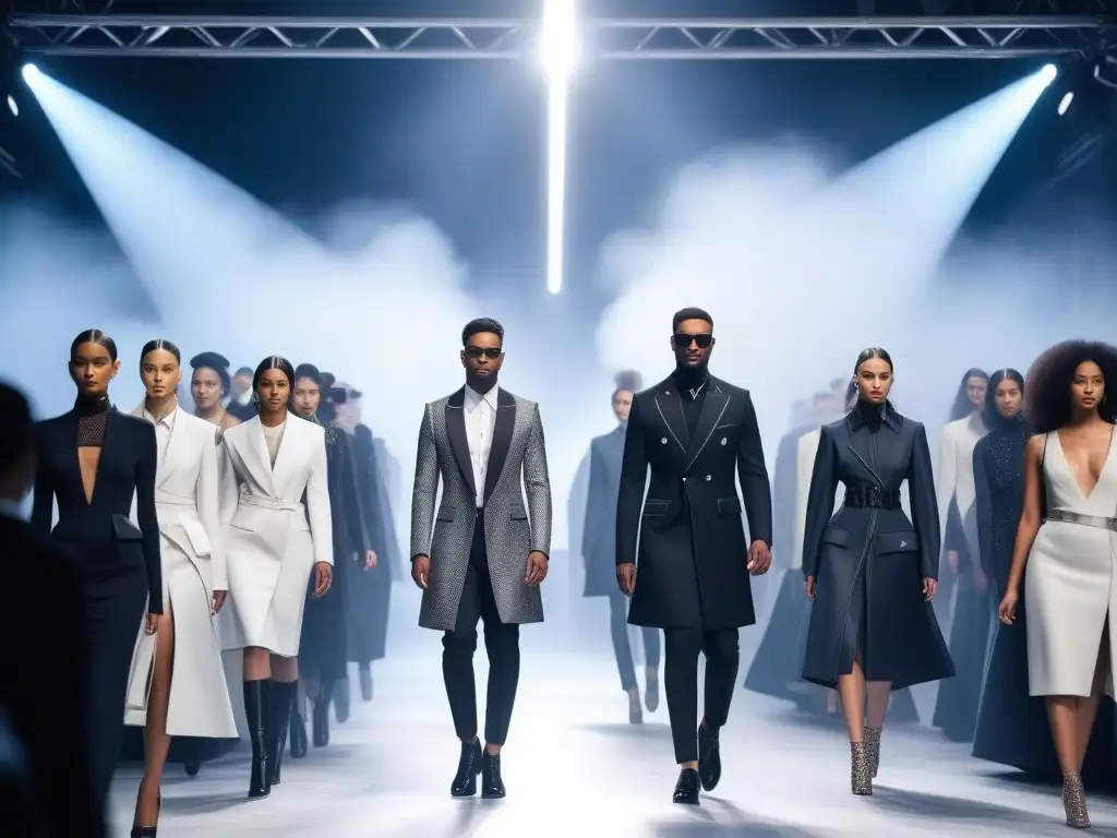 Desfile de moda unisex futurista con modelos diversos Una pasarela futurista con modelos de diversos cuerpos y géneros desfilando con moda unisex para todos cuerpos