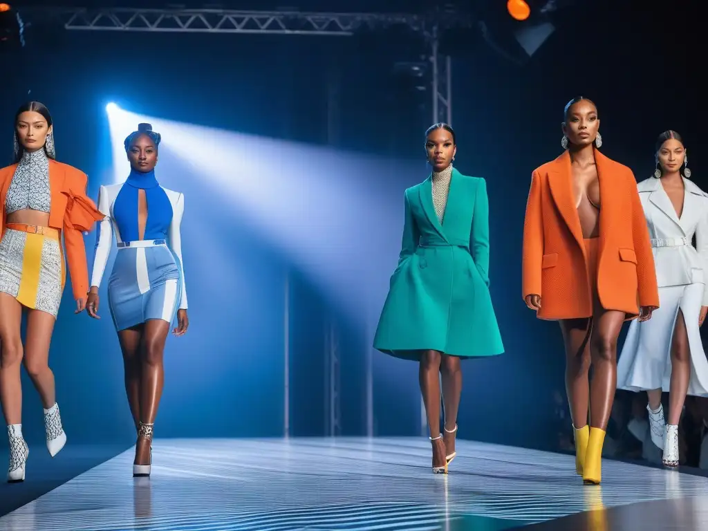 Desfile de moda inclusivo y futurista con modelos diversos Una pasarela futurista con modelos de distintos cuerpos y edades luciendo moda inclusiva para todos cuerpos
