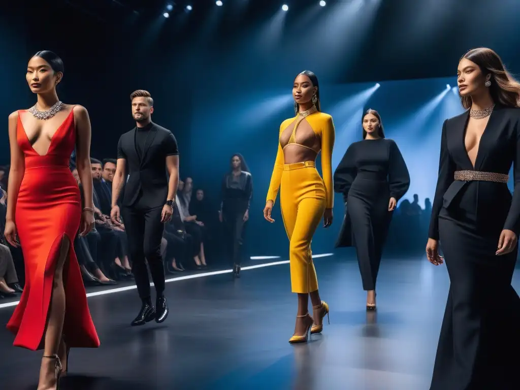 Diversidad tech: Moda inclusiva y tecnología premium Una pasarela futurista con modelos de diferentes cuerpos y edades luciendo tecnología wearable premium