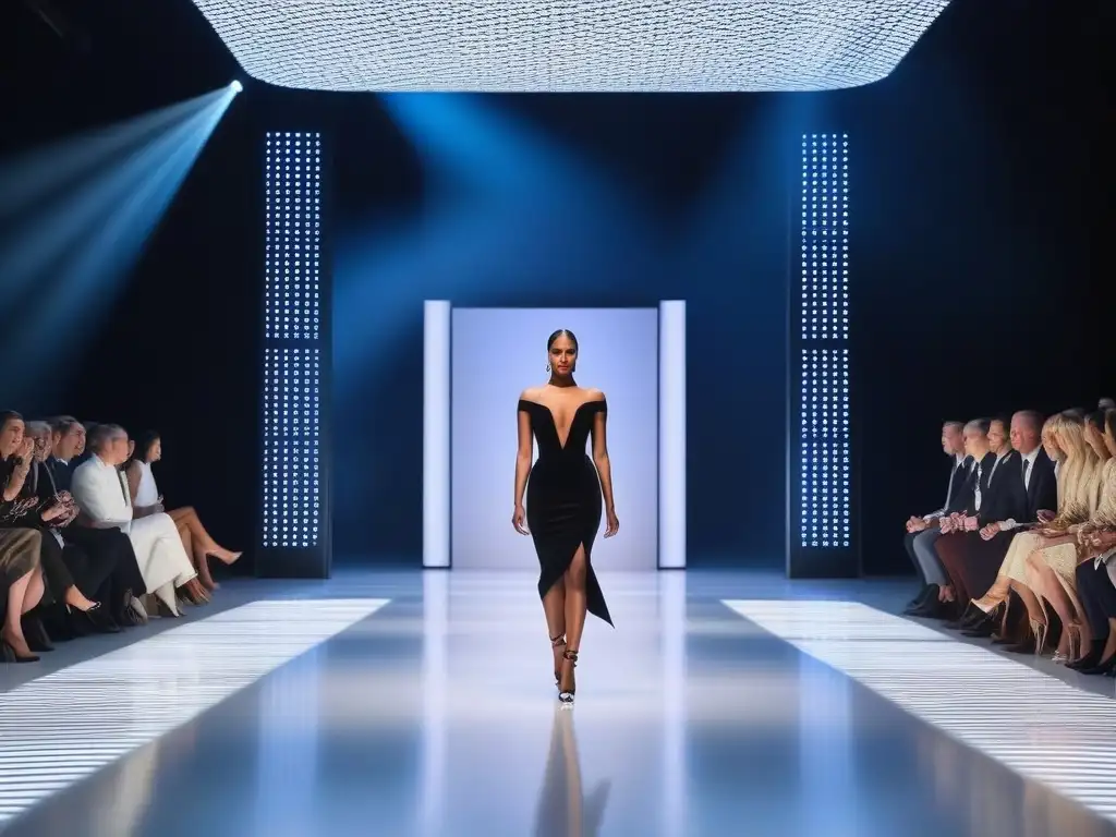 Desfile de moda inclusivo: diversidad y elegancia en la pasarela futurista Una pasarela futurista con modelos de diferentes cuerpos y etnias luciendo alta costura
