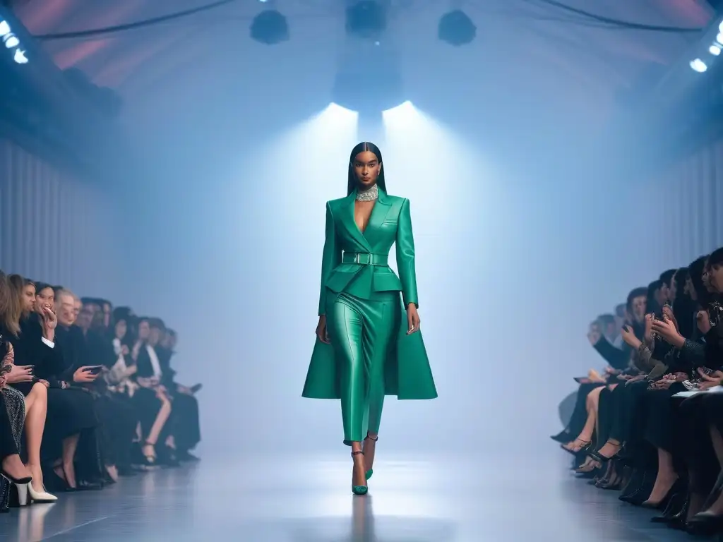 Pasarela del futuro: moda haute couture para todos los cuerpos Una pasarela futurista donde modelos de diversos cuerpos lucen alta costura para todos cuerpos, fusionando tradición y modernidad