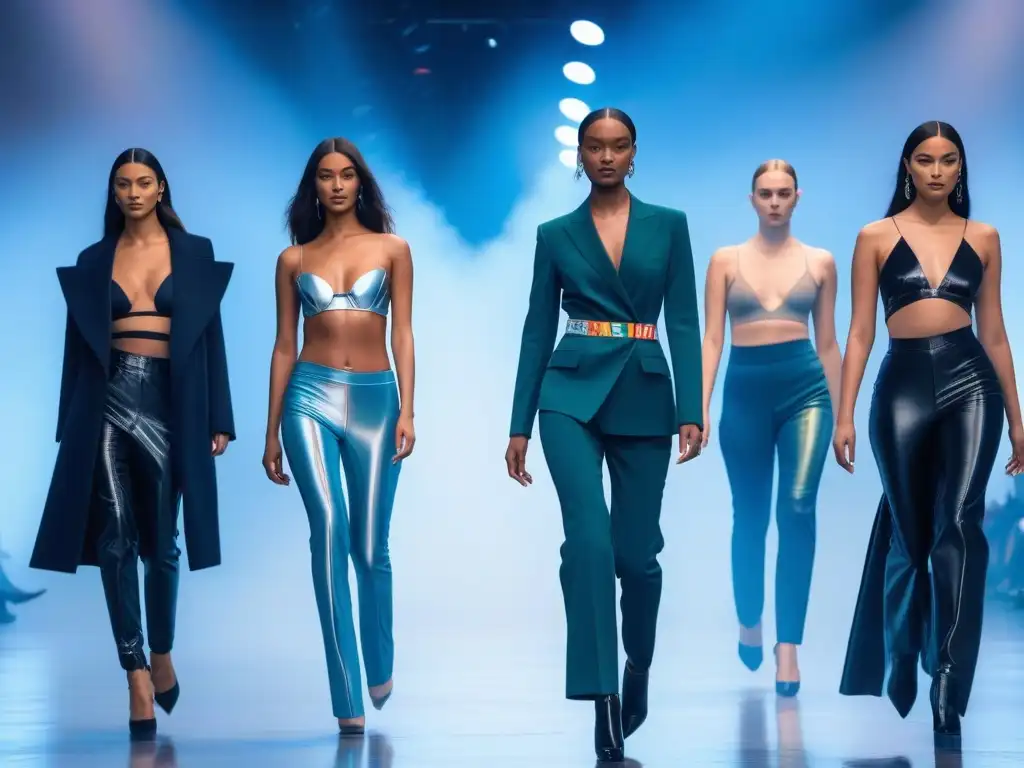 Desfile futurista de moda sostenible: diversidad y empoderamiento Una pasarela futurista con modelos de distintos cuerpos luciendo moda inclusiva para todos, empoderados y seguros de sí mismos