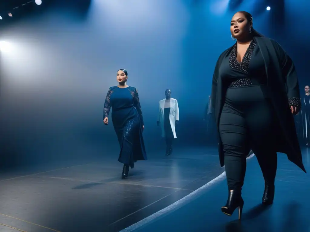 Desfile inclusivo de moda adaptativa: diversidad y tecnología Una pasarela futurista con modelos de diversos cuerpos y estilos luciendo moda adaptativa para todos cuerpos