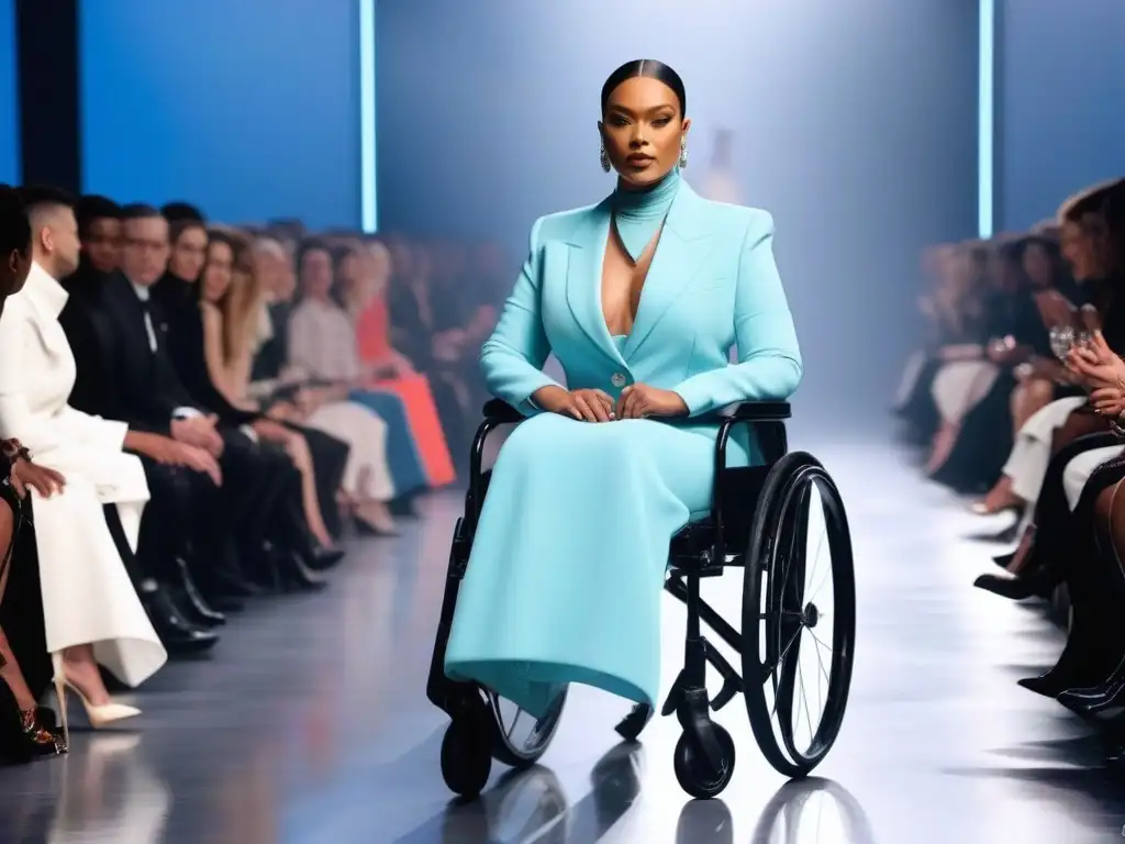 Desfile inclusivo: moda futurista para todos Una pasarela futurista con modelos con discapacidad desfilando con moda inclusiva, tendencias futuras