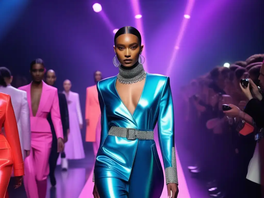 Desfile futurista de moda genderfluid: diversidad e inclusividad Una pasarela futurista con modelos diversos desfilando en diseños genderfluid, iluminada por luces de neón