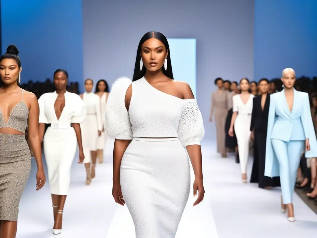 Desfile inclusivo: moda global en pasarela futurista Una pasarela futurista con modelos diversos y diseños inclusivos, reflejando las tendencias globales en moda inclusiva