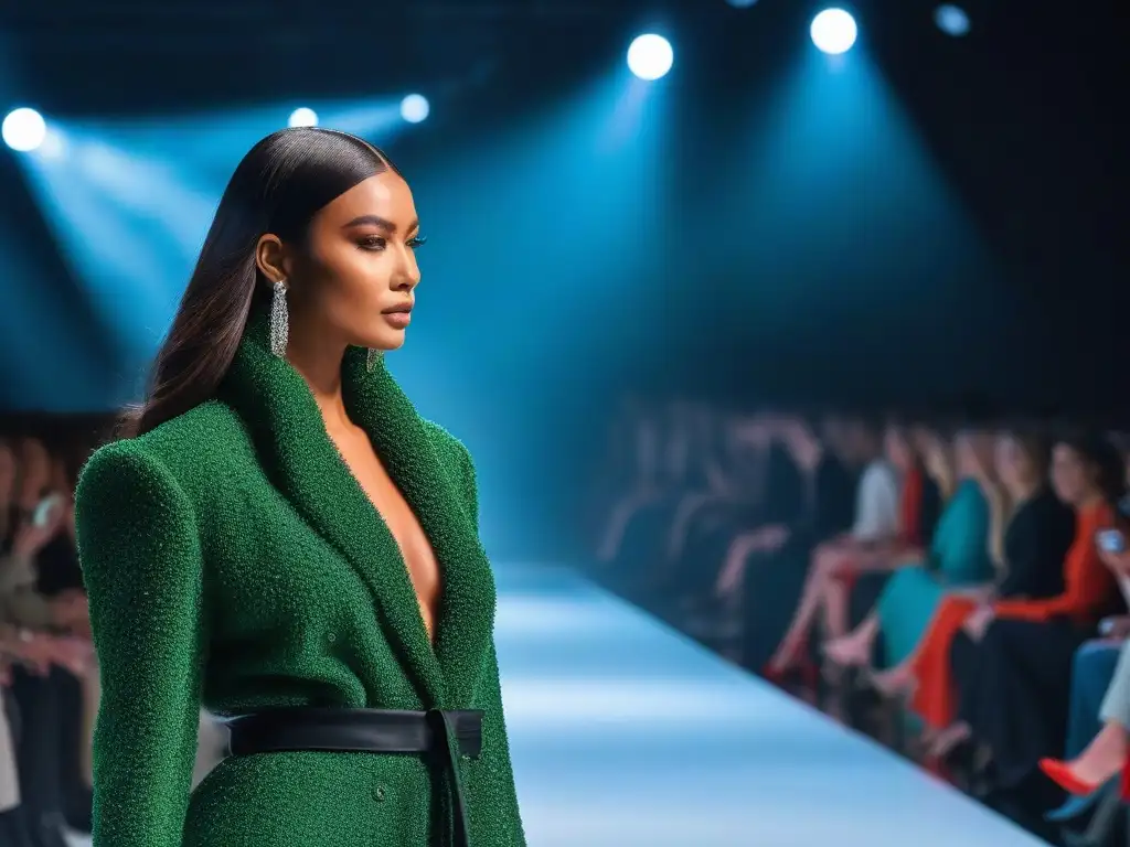 Desfile de moda inclusivo y sostenible con diversidad en pasarela futurista Una pasarela futurista muestra modelos diversos con moda inclusiva sostenible en un ambiente vibrante y ecoamigable
