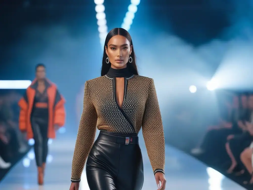 Pasarela inclusiva: modelos diversos desfilando con estilo futurista Una pasarela futurista con modelos diversos desfilando con confianza en moda inclusiva
