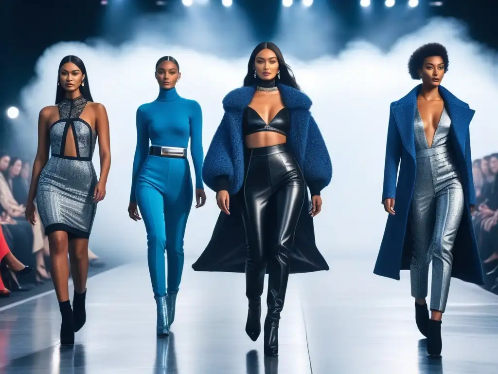Desfile de moda diverso y empoderado Una pasarela futurista con modelos diversos desfilando con confianza y estilo, representando la adaptación de estándares moda diversidad tallas