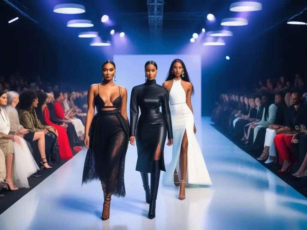 Desfile inclusivo: moda diversa desafía estándares Una pasarela futurista con modelos diversos desfilando con diseños inclusivos