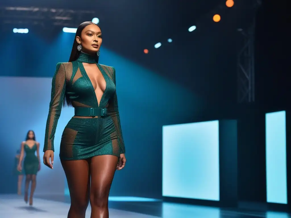 Desfile de moda futurista: diversidad y positividad corporal en la pasarela Una pasarela futurista con modelos diversos desfilando con confianza en diseños inclusivos y vanguardistas