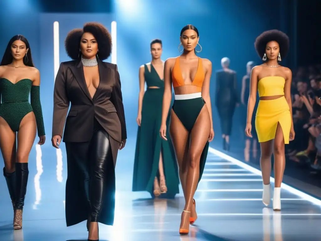 Desfile inclusivo: moda diversa y empoderada en pasarela futurista Una pasarela futurista muestra modelos diversos con moda inclusiva, reflejando la transformación de la moda hacia la inclusión