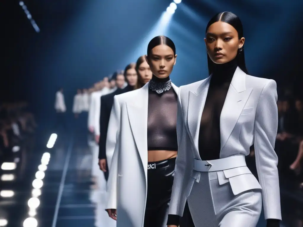 Desfile de moda inclusivo: diversidad y elegancia en Givenchy Una pasarela futurista con modelos diversos luciendo la última colección inclusiva de Givenchy, celebrando la diversidad en la moda