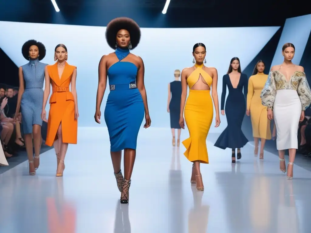 Desfile futurista: moda inclusiva y tecnológica Una pasarela futurista con modelos diversos desfilando con ropa única