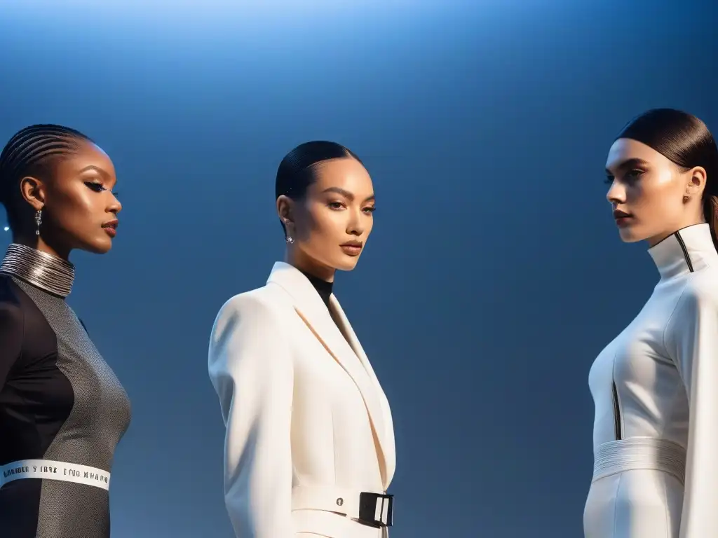 Desfile de moda unisex: Empoderamiento y estilo en la pasarela futurista Una pasarela futurista donde modelos diversxs exhiben con confianza una colección de moda unisex, simbolizando el significado 'unisex' en moda actual