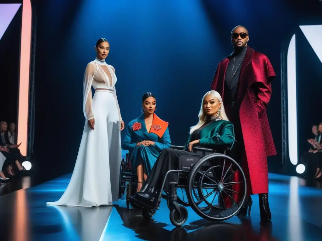 Desfile de moda inclusiva: diseño adaptativo para todas las necesidades Una pasarela futurista con modelos de diferentes edades, géneros y capacidades luciendo diseños de moda adaptativa inclusiva