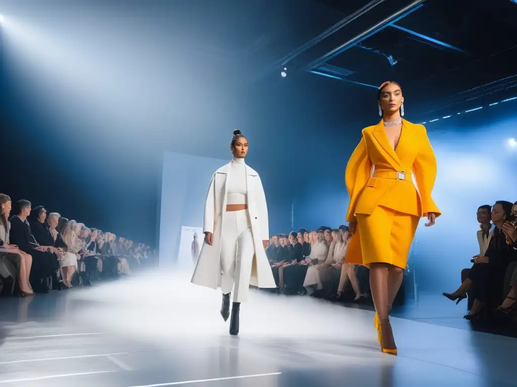 Desfile de moda inclusiva y futurista con modelos diversos Una pasarela futurista con modelos de diferentes edades, géneros y cuerpos luciendo moda adaptativa para todos cuerpos