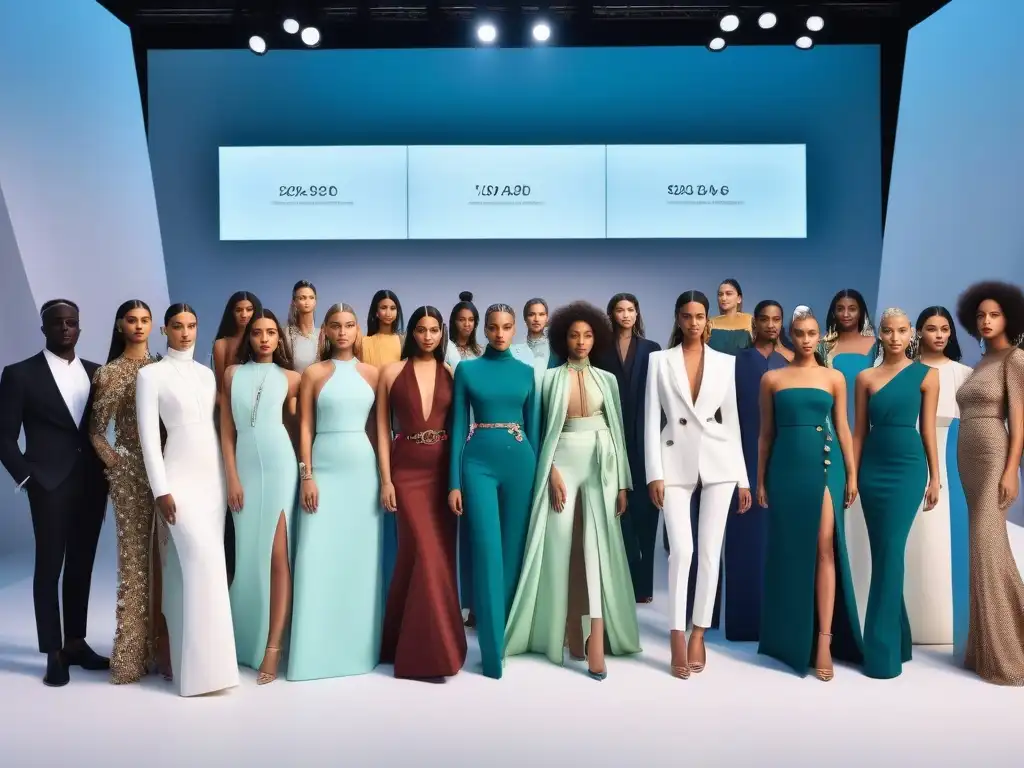 Desfile de moda inclusiva y sostenible en pasarela futurista Una pasarela futurista con modelos de todas las edades, géneros y culturas luciendo moda inclusiva y sostenible