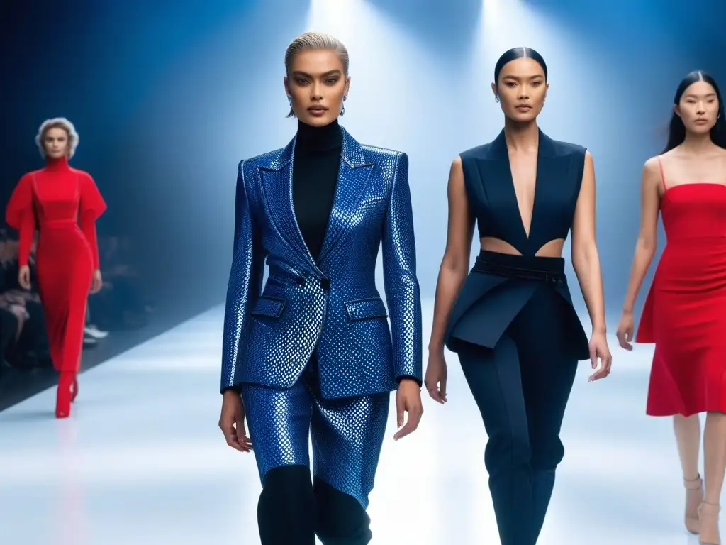 Moda adaptable del futuro: desfile inclusivo con tecnología punta Una pasarela futurista con modelos de todas las edades, géneros y habilidades luciendo moda adaptativa inclusiva y diversa