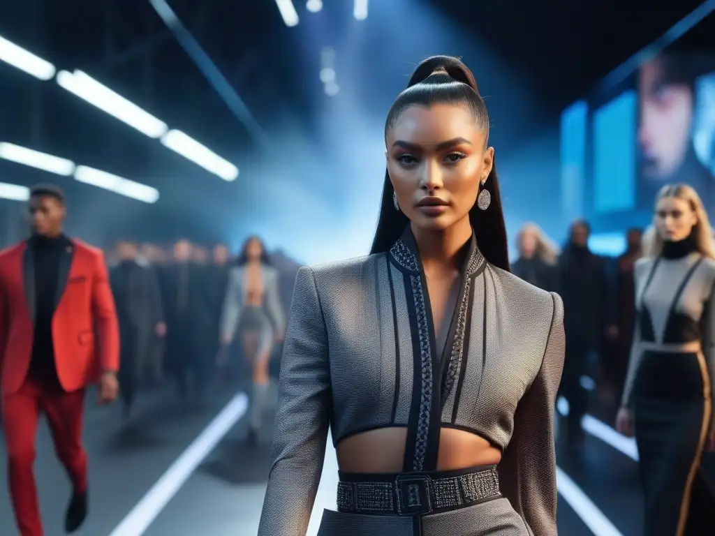 Desfile futurista: moda empoderada para mujeres petite Una pasarela futurista con modelos empoderadas luciendo diseños vanguardistas para todas las tallas