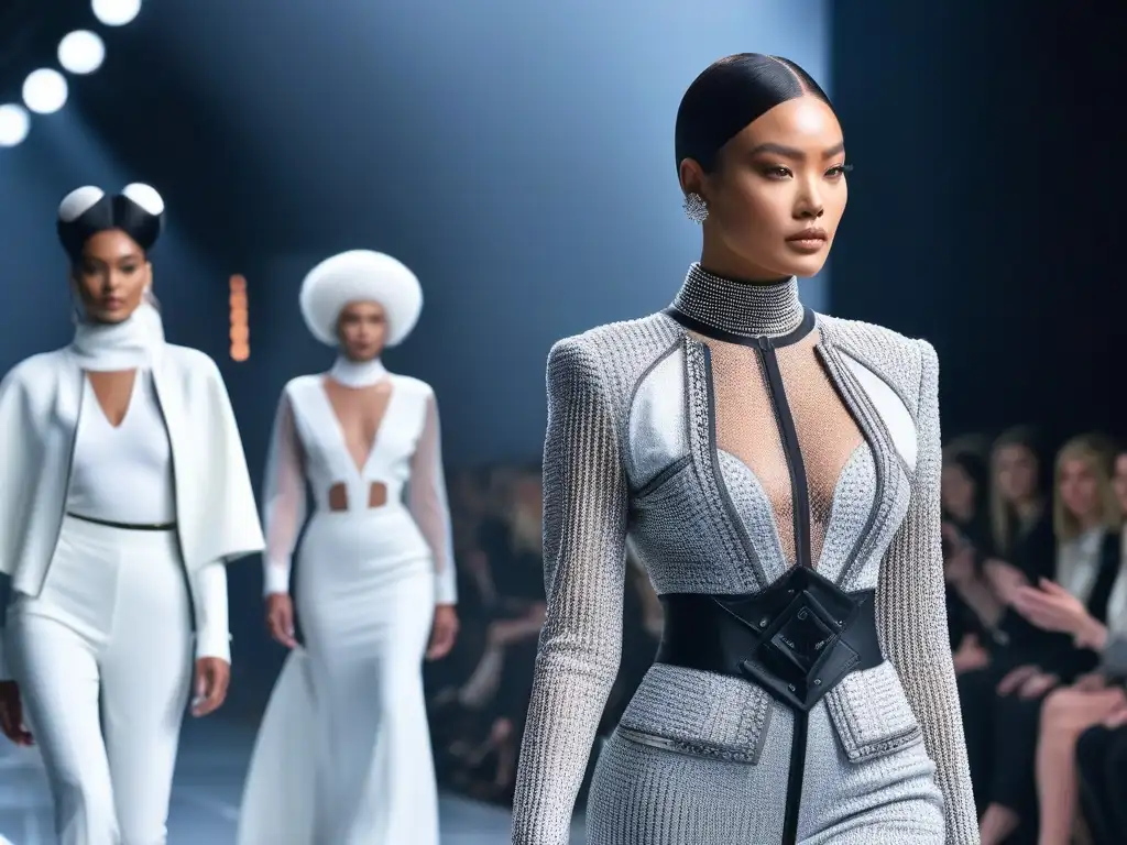Desfile futurista de modelos desafiantes de estándares de belleza Una pasarela futurista donde modelos diversos desafían estándares de belleza con diseños vanguardistas