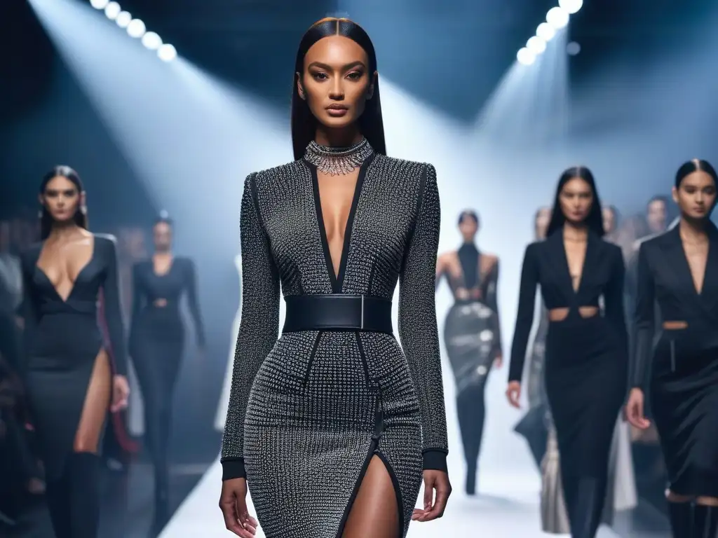 Desfile de moda inclusivo y moderno en pasarela futurista Una pasarela futurista con modelos diversos luciendo estilos únicos en tejidos elásticos para moda inclusiva