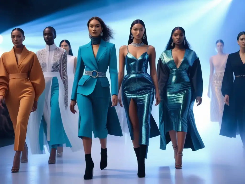 Pasarela futurista: moda sostenible y diversidad étnica Una pasarela futurista con modelos de diferentes etnias y cuerpos luciendo moda sostenible, en un ambiente inclusivo y tecnológico