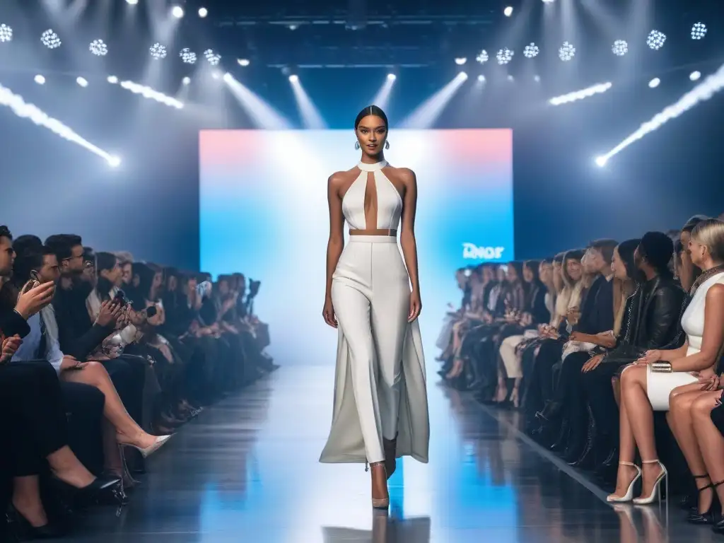 Desfile de moda inclusivo y futurista con modelos diversos Una pasarela futurista donde modelos de diferentes etnias y estilos desfilan con moda de nicho inclusiva personalizada
