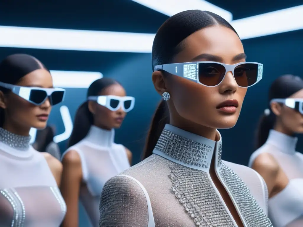 Moda futurista: modelos con gadgets de lujo y diversidad Una pasarela futurista donde modelos lucen gadgets de alta gama en moda inclusiva, fusionando tecnología y diversidad