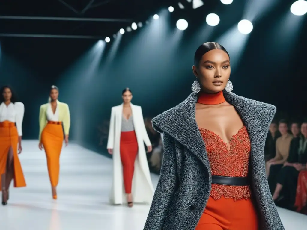 Desfile de moda inclusivo: diversidad y elegancia en la pasarela Una pasarela futurista con modelos diversos, mostrando la importancia del Storytelling Moda Inclusiva