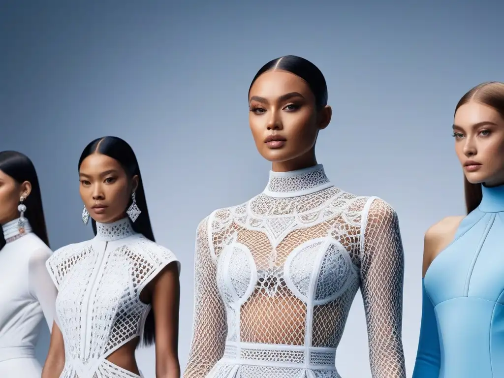 Diseños 3D de moda: Celebrando la diversidad con alta tecnología Una pasarela futurista con modelos impresos en 3D mostrando estándares de belleza inclusivos y únicos en la moda