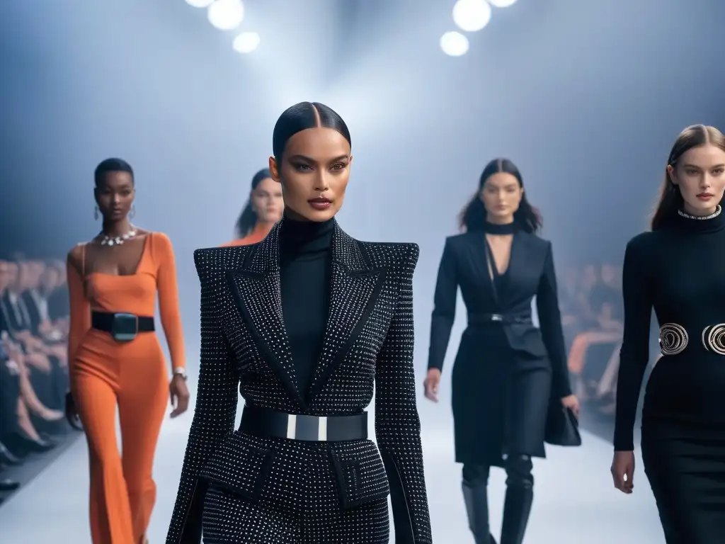 Moda adaptativa: innovación y diversidad en la pasarela futurista Una pasarela futurista con modelos mostrando innovaciones en moda adaptativa accesorios, fusionando estilo y funcionalidad