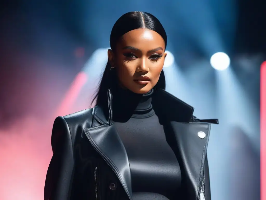 Diversidad en la pasarela: moda inclusiva de Fenty Beauty Una pasarela futurista con modelos diversos usando moda inclusiva Fenty Beauty transformación
