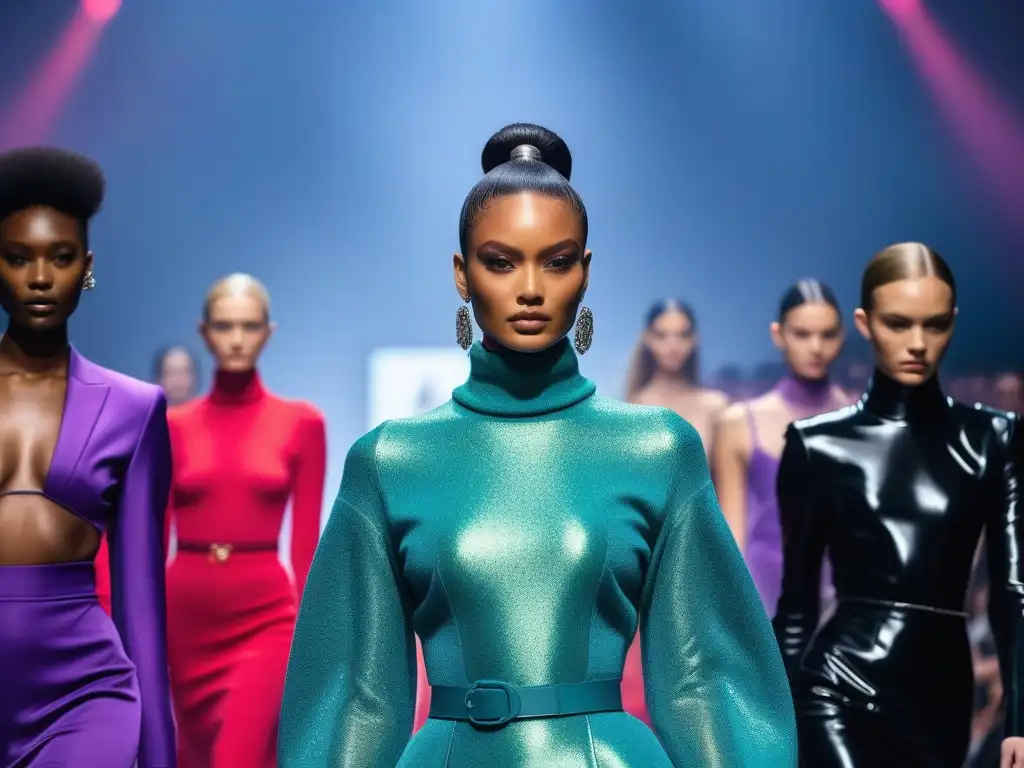 Desfile futurista: moda inclusiva y diversa Una pasarela futurista con modelos diversos luciendo moda inclusiva