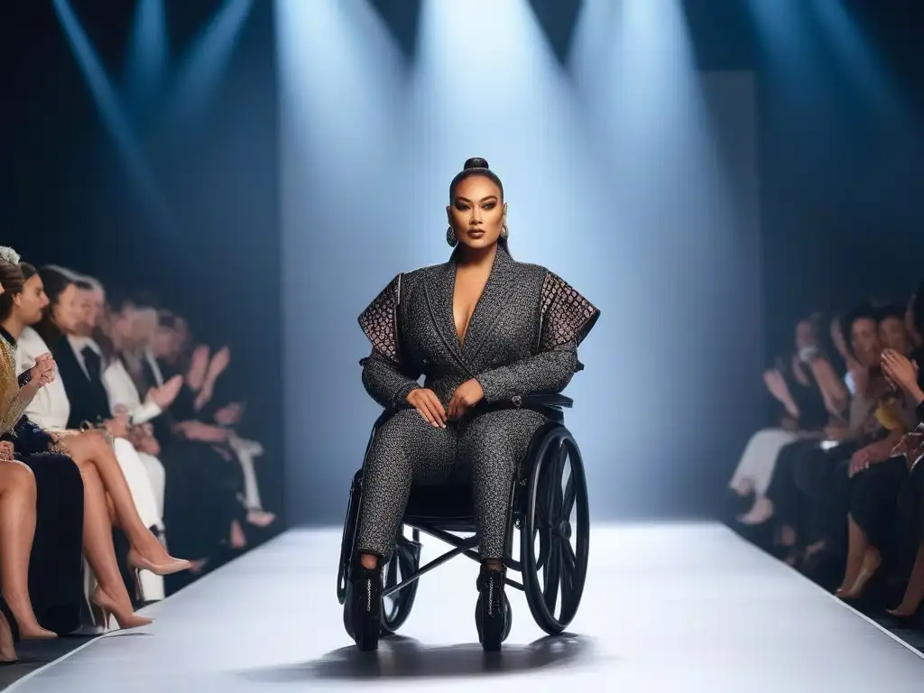 Desfile inclusivo de moda: Celebrando la diversidad con estilo Una pasarela futurista con modelos diversos desfilando con moda inclusiva, cambiando estereotipos