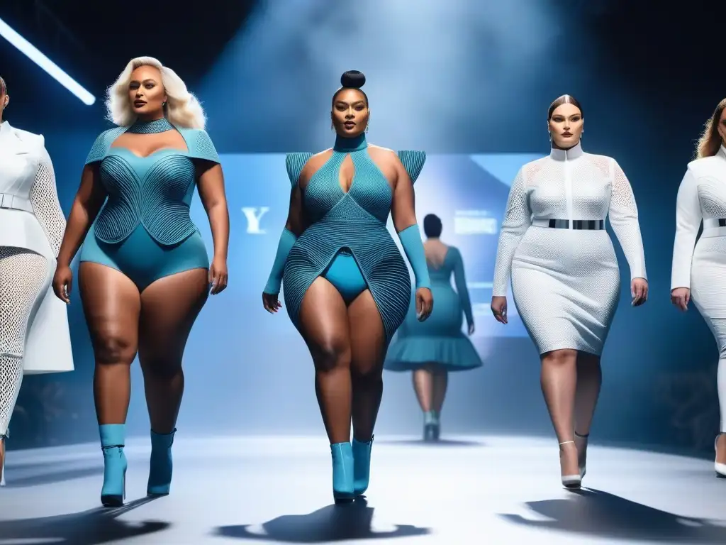 Moda 3D para tallas grandes: Empoderamiento y estilo en pasarela futurista Una pasarela futurista con modelos plus size luciendo moda 3D, mostrando empoderamiento y estilo