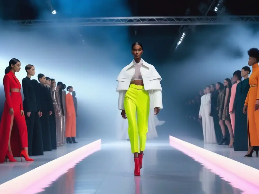 Desfile de moda futurista con diversidad de género Una pasarela futurista con modelos diversos desfilando con moda inclusiva para todos los cuerpos